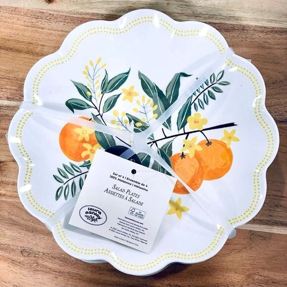 NWT Gorgeous Laura Ashley Set of 4 White Oranges Melamine Salad 9” Plates - Picture 1 of 12